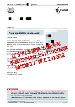 恭喜辽宁关女士获新加坡工厂普工工签