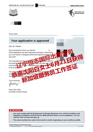 恭喜沈阳白女士获新加坡服务员工签