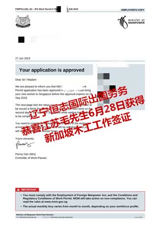 恭喜江苏毛先生获新加坡木工工签