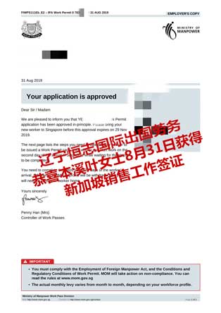 恭喜本溪叶女士获新加坡销售工签