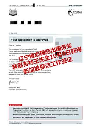 恭喜吉林王先生获新加坡保洁工签