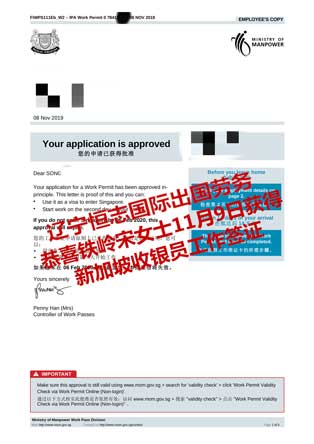 恭喜铁岭宋女士获新加坡收银员工签