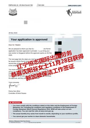 恭喜沈阳谷女士获新加坡保洁工签