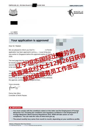 恭喜湖北付女士获新加坡服务员工签